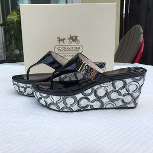 Coach Patent Black/White Wedge Sandal